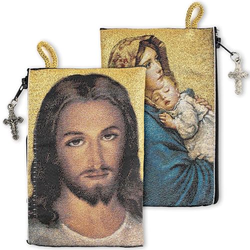 Image of Catholic Rosary Pouch, 4 inch x 6 inch Jewelry & Coin Purse with Cross, Small Woven Tapestry Icon Bag, Bolsa de Rosario Catolico para Joyeria, Virgin Mary and Baby Jesus & Face of Christ, 4 inch x 6 inch