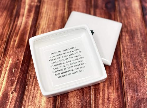 Susabella - Baptism Gift, First Communion Gift, or Confirmation Gift – Square Ceramic Keepsake Box with Irish Blessing and Shamrock in Green