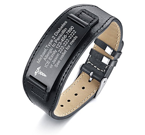 VNOX Custom Engraving-Medical Symbol Wide Black Genuine Leather ID Tag Adjustable Wristband Bracelet