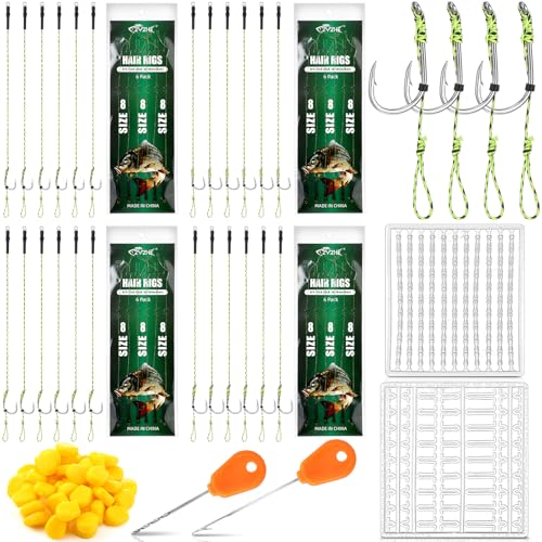 Seenelling 78 Pcs Carp Fishing Hair Rigs Bait Carp Rigs Kit Includes 24 High Carbon Steel Curved Barbed Hook 50 Fake Corn Lures 2 Line Bait Stopper 2 Needle Fishing Equipment Accessories(#2)