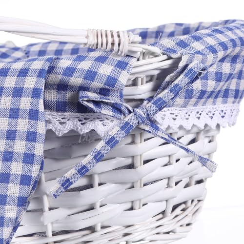 Image of Hushee Easter Willow Gift Basket 11 inchx7 inch Easter Wicker Bunny Baskets with Folding Handle Plaid Liners for Kids Toys Eggs Hunt Wood Bunny Bucket Decorations(Blue and White Plaid)