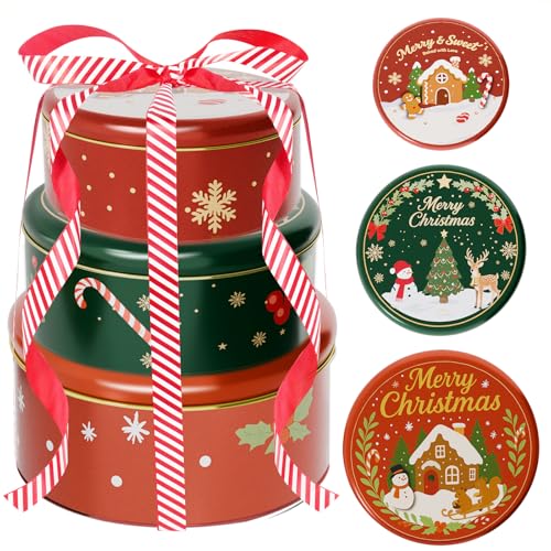 Mkgdds Christmas Cookie Tins With Lids – 3 Pack Holiday Cookie Containers With 16.5Ft Ribbon, Festive Round Metal Nesting Tins For Gift Giving, Baking & Treat Storage
