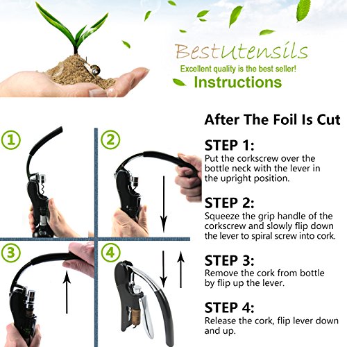 Foto von Best Utensils Profi-Flaschenöffner, Zinklegierung, mit Hebel, Korkenzieher, mit Folienschneider, Kellnermesser, Tintenfisch/Hase, Schwarz