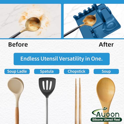Image of Auoon Silicone Spoon Rest with Lid Holder - 3 in 1 Kitchen Utensil Rest for Soup Ladles, Pot Lids, Spatulas, Spoons, Tongs, BPA Free & Dishwasher Safe, 8.26 x 8.06 Inch (Fog Blue, Large)
