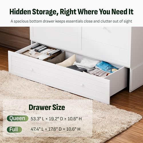 Image of Softa Full Murphy Bed Cabinet with 6 inch Tri-Fold Mattress, Storage Drawer & Charging Station, 1200 Lb Heavy Duty Wood Wall Bed with Fold-Down Desk for Guest Room & Home Office, No Box Spring Needed