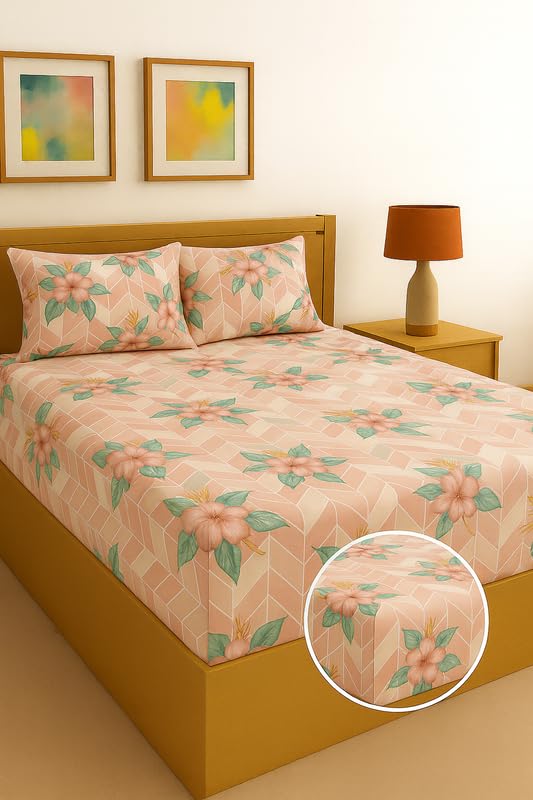 Image of Fitted sheet Peach Floral Chevron Print Fitted Bedsheet | Glace Cotton 140 TC | Double Size (48x75 inch) with 2 Pillow Covers (18x28 inch) | Deep Pocket up to 10 Inches - Soft & Comfortable