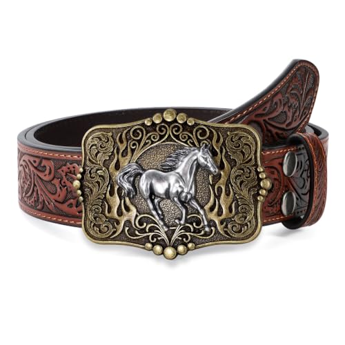 Image of Cowboy Cowgirl Belt Western Belts for Men Women Floral Engraved Longhorn Bull Buckle Belt for Jeans