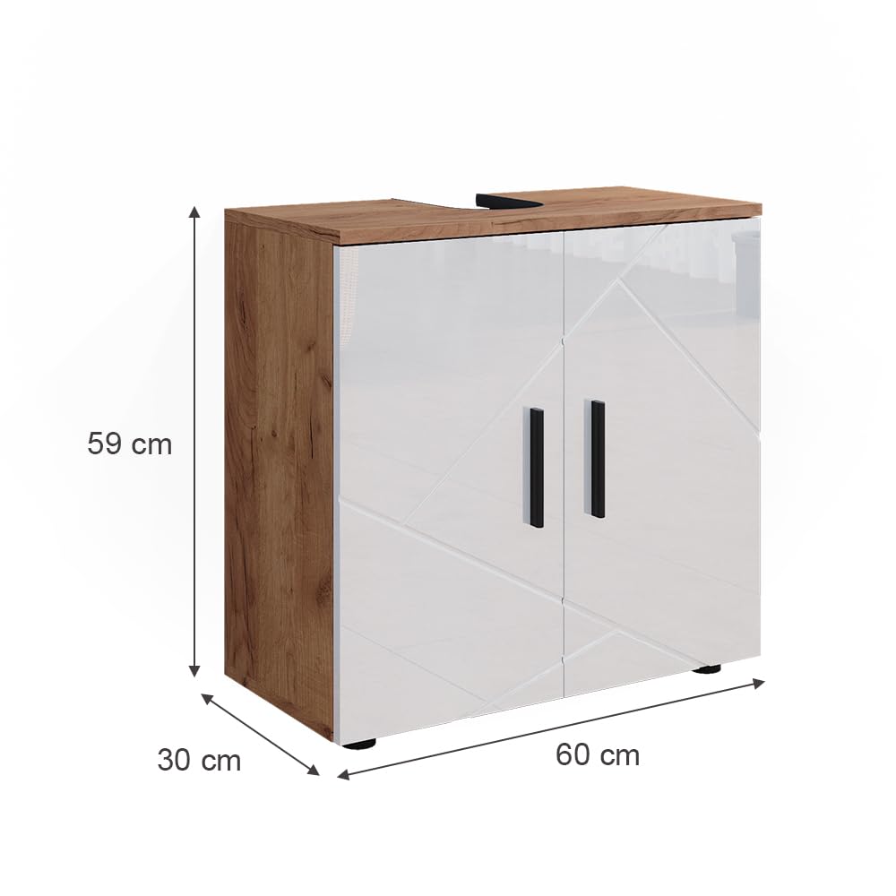 Vicco Waschbeckenunterschrank Irma, Weiß Hochglanz/Goldkraft Eiche, 60 x 59 cm, mit Siphonaussparung und Einlegeboden zur Aufbewahrung