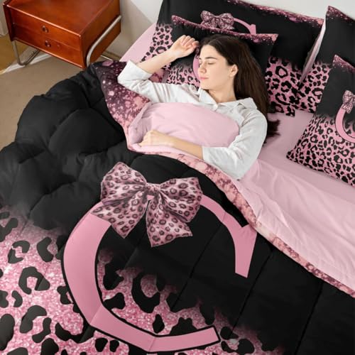 Image of Feelyou Girls Bow Comforter Set King Size 7 Pieces Glitter Leopard Print Bedding Set for Kids Boys Girls Initial Letter C Bed in a Bag with Comforter, Sheets, Pillowcases, Cushion Covers Bedroom Decor