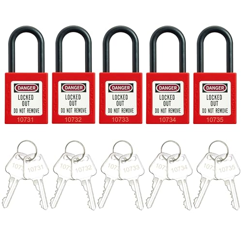 Red Lockout Tagout Safety Padlock Kit 5-Pack, Nylon OSHA-Compliant Loto Locks with 2 Keys Per Lock& Warning Labels for Industrial Maintenance, Electrical/Mechanical Equipment (Keyed Differently)