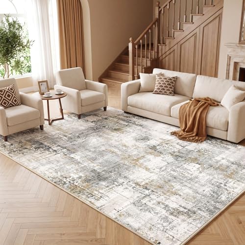 Autsel Tapis Salon 200x300cm, Grand Tapis Lavable en Machine et Antidérapant, Tapis Chambre Adulte, Tapis Vintage Gris/Beige, Poil Ras Ultra Doux, pour...