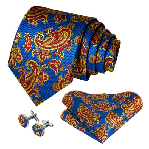 Image of 5PCS Mens Premium Silk Tie, Pocket Square, Cufflinks, Drilled Tie Ring and Lapel Pin Set for Wedding Groom Party