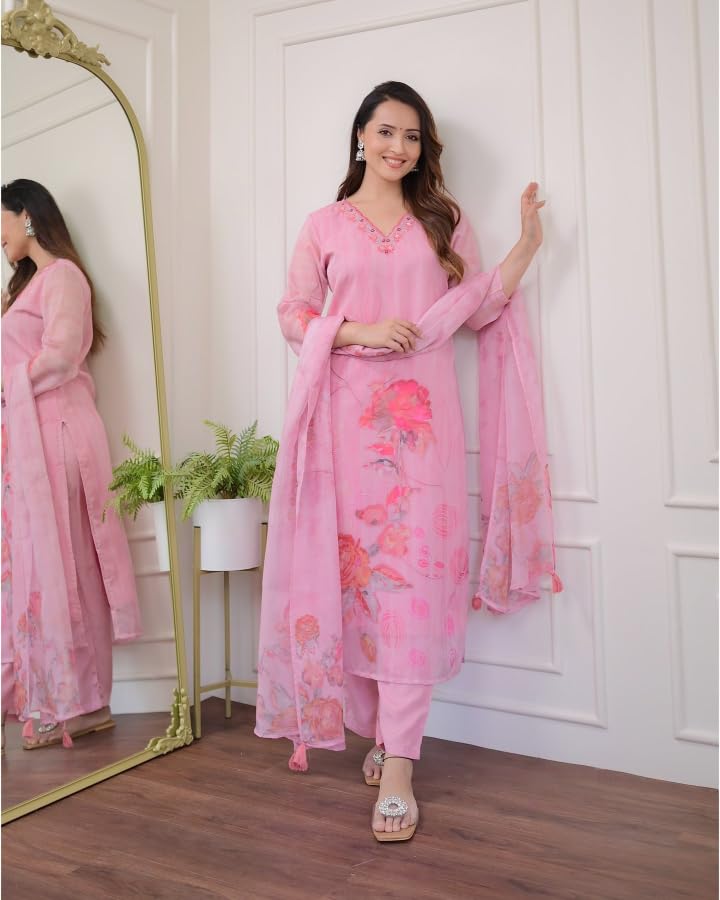 Shiv Textiles Women's Organza Embroidered Kurta Pant Dupatta Set(Jda-Harleen-Pink-Xxl)