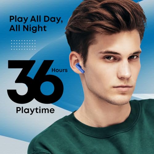 Image of pTron Bassbuds Gomax in-Ear TWS Earbuds, HD Mic & TruTalk AI-ENC Calls, 36H Playtime, 13mm Drivers, Bluetooth 5.3 Wireless Headphones, Voice Assist, Type-C Fast Charging & IPX5 Water Resistant (Blue)