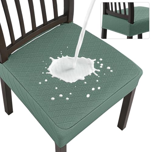 Image of SearchI Waterproof Dining Chair Seat Covers Set of 6, Hook and Loop Tape Stretch Chair Covers for Dining Chairs, Washable Dining Room Seat Cover Protector (Green)