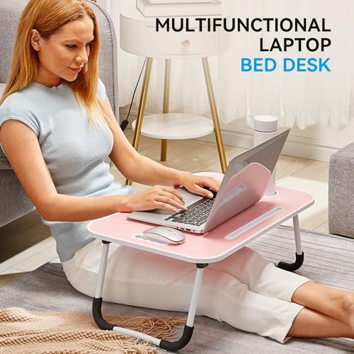 Image of BUYIFY Folding Lap Desk, 23 Inch Portable Wood Blue Laptop Bed Desk Lap Desk with Cup Holder, for Working Reading Writing, Eating, Watching Movies for Bed Sofa Couch Floor-Pink 02
