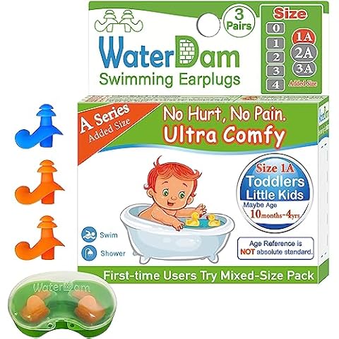 WaterDam A-Series Swimming Ear Plugs Ultra Comfy Great Waterproof Earplugs (Size 1A, Size 1A+1A+1A: Toddlers & Small Ear Kids (Blue Orange Orange)) Cover