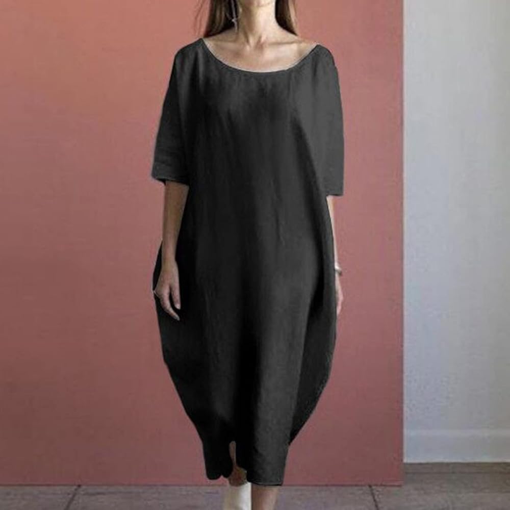 Amazon.com: Women's Casual Loose Cotton Linen Dress Short Sleeve Crewneck  Baggy Fashion Midi Dresses Summer Beach Dress Plus Size : Sports & Outdoors