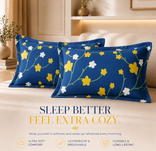 Image of HOMEKART Glace Cotton 160 TC Star Double Bedsheet with 2 King Size Pillow Covers | Soft & Durable | 86 x 88Inches (Dark Blue & Yellow)
