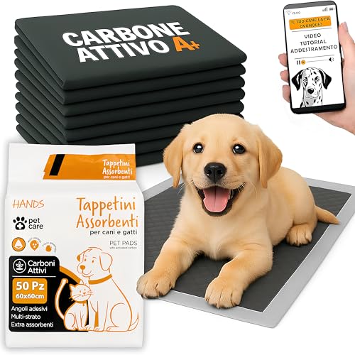 HAND Traversine Cani Carboni Attivi 60x60 cm, 50 Pezzi Super Assorbenti e Antiodore, Tappetini Igienici Neri per Cani e Cuccioli con Adesivi di Fissaggio, Extra Spessi e Resistenti (50 Pezzi 60x60 cm)