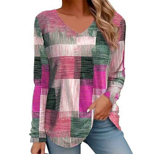 Camiseta holgada de manga larga con cuello en V para mujer, camiseta de manga corta para mujer, talla S, hot pink, XXL