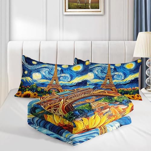 Image of AILONEN Eiffel Tower Floral Queen Comforter Set,Oil Van Gogh Sunflower Printed Bedding Sets,3 Pieces Starry Night Flower Quilt with 2 Pillowcase,Soft Breathable