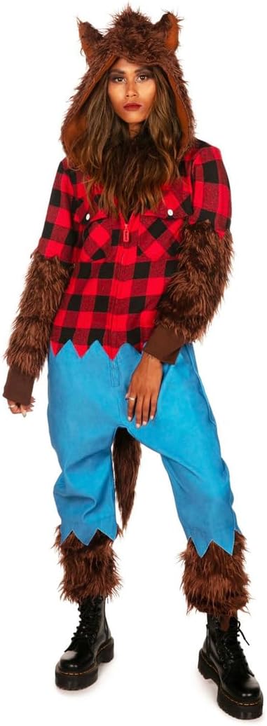 Tipsy Elves Werewolf Halloween Costume For Women - Classic Movie Monster Wolf Person Adult Hooded Onesie Jumpsuit
