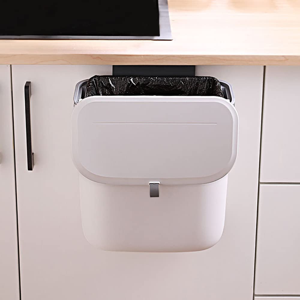 UnikstoneKitchen Compost Bin 9L Hanging Trash Can with Lid Kitchen Cabinet Door Under Sink Plastic Garbage Can Compost Bin Wall Mounted Slide Open