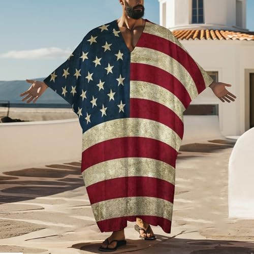 American Flag USA Pattern Men's V-neck Robe Middle East Arabian Robe Butterfly Sleeves Kaftan2