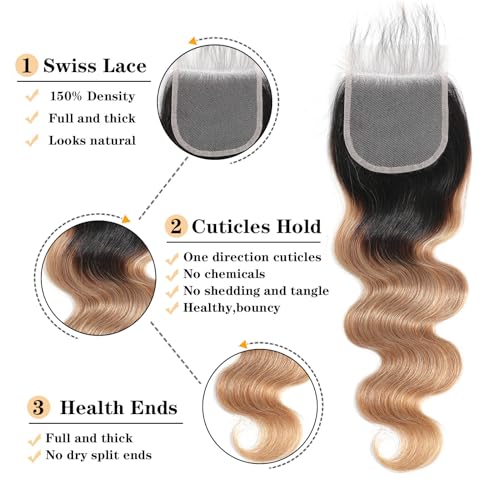 Image of 16A Ombre Body Wave Bundles Human Hair with Closure (T1B /27,16 18 20+14 inch) 100% Unprocessed Virgin Brazilian Ombre Highlight Body Wave Human Hair Weave 3 Bundles with Closure