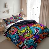 Premium Mikrofaser Bettbezug Dunkelblau 155 x 220 cm mit Kissenbezügen, Allergikergeeignet & Atmungsaktiv Bettwäsche Set mit Reißverschluss, Straßenkunst Graffiti Monster Bettwäsche für Schlafzimmer