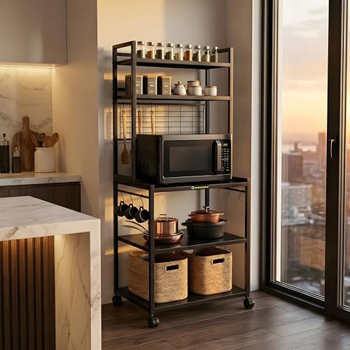 Image of Heavy Duty Metal Microwave Oven Stand with Storage Shelves & Hooks | Multi-Tier Kitchen Rack with Wheels | Organizer for Oven & Appliances (MS 5 Black)