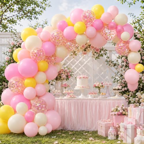 Image of Pink and Yellow Balloons, 60 Pcs 12 Inch Light Pink Hot Pink Yellow Ivory Balloons with Pink Gold Confetti for Birthday Baby Shower Graduation Decorations