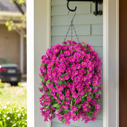 Image of Ammyoo Artificial Faux Hanging Flowers Basket for Spring Outdoor Decor | Fake Silk Colorful Morning Glory Eucalyptus in Planter UV Resistant for Summer Home Porch Balcony Yard(Red Purple)