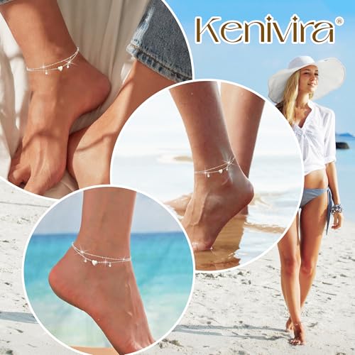 Sterling Silver Ankle Bracelets for Women Dainty,Gold Layered Waterproof CZ Heart Charm Anklets for Women Adjustable, Stackable Chain Anklet Set Cute Summer Beach Jewelry Plus Size2