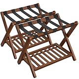 SONGMICS Solid Wood Luggage Racks, Set of 2, No Assembly Required, Foldable Suitcase Stand, Luggage Holder, with Storage Shelf, for Guest Room, Hotel, Bedroom, Coffee Brown URLR021K01