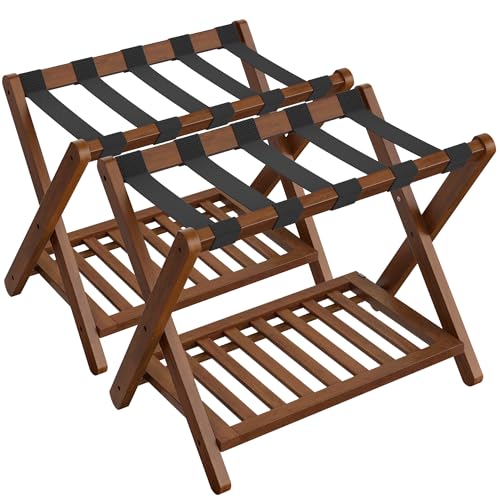 SONGMICS Solid Wood Luggage Racks Set of 2 with Shelf
