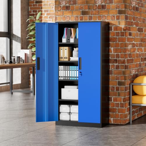 Image of Greenvelly Metal Storage Cabinet, 72 inch Locking Metal Garage Storage Cabinet with Doors and 4 Adjustable Shelves, Lockable Steel Cabinet for Home Office, Garage, Shop, School (Blue 32 inch W x 16 inch D)