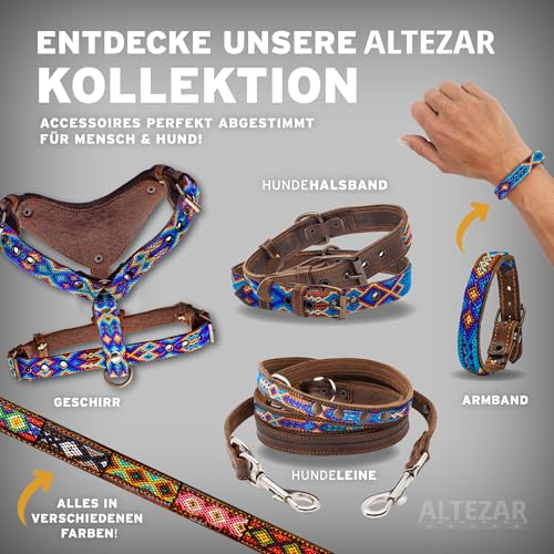 ALTEZAR Hundehalsband Leder - braunes Rindsleder Tribal Farbenrausch durchgehend Bestickt bunt - Handgemacht in Mexiko Lederhalsband Hund - Größe S - für kleine Hunde