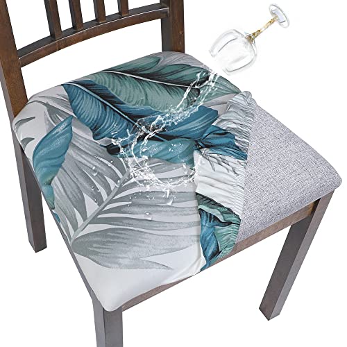 Image of SearchI Water Repellent Seat Covers for Dining Chairs, 6 Pack Jacquard Stretch Dining Room Chair Seat Covers, Kitchen Chair Seat Covers Protectors(Blue Foliage)
