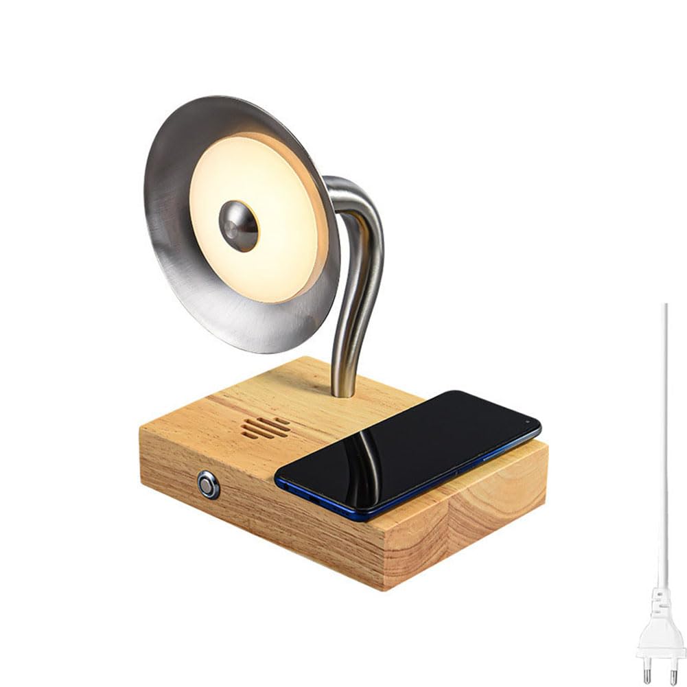 Nachttischlampe mit Bluetooth Lautsprecher LED Holz Tischlampe mit Wireless Charger Touch Dimmmodi Night Light Table Musikbox Intelligente Induktive Ladestation Vintage Leseleuchte,B