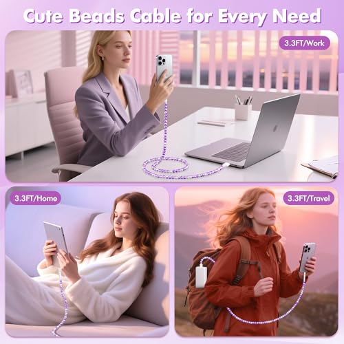 Coolden for iPhone Charger Cord for iPhone 14 Charger Fast Charging Cable 66W Cute Purple Beaded Charging Cord for Women Girls USB Cable for iPhone 14 13 12 11 Pro Max XR XS, iPad Pro/Air/Mini - image 6