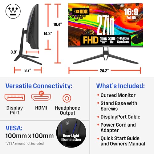 Image of Westinghouse 27 Inch Curved Gaming Monitor, 200Hz, 1ms, FHD 1080P, 3000:1 Contrast Ratio, 118% sRGB, 1500R, AMD FreeSync, Eyecare, for PC Games with Built-in Speakers, DisplayPort, HDMIx2-Black
