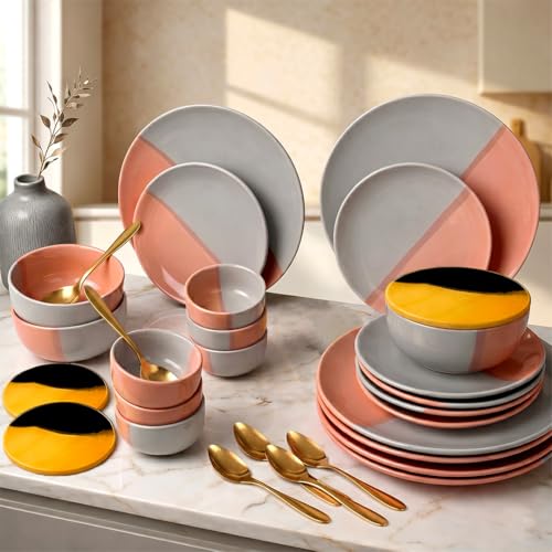 Image of The Earth Store DT Grey Pink Ceramic Dinner Set, 30 Piece Dinnerware Set with Plates, Bowls, Spoons & Lids | Microwave & Dishwasher Safe | Bone-Ash Free Crockery Set for Gifting & Dining