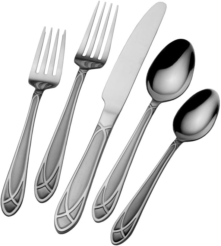 Pfaltzgraff Mirage Frost Everyday Flatware Service for 8, 42 Piece Set, 18/0 Stainless Steel, Silverware Set with Serving Utensils and Caddy