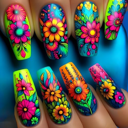 24 Pcs Long Coffin Shaped Press on Nails with Colorful Flower Designs Gradient False Nail Spring Pink Yellow Floral Fake Nails Full Cover Glossy Acrylic Stick on Manicure for Women DIY Decor
