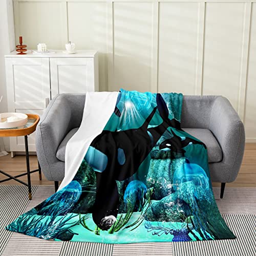 Erosebridal Teal Ocean Whale Throw Blanket All Season,Jellyfish Killer Whale Fleece Blanket Home Room Decor,The Underwater World Bed Blanket Twin 60X80,Orcinus Orcas Deep Sea Animals Marine Life Plush Blanket