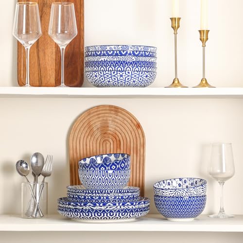 Image of Selamica Ceramic Plates and Bowls Sets,24 Pieces Dinnerware Sets for 6,Scratch Resistant Dish Set for holiday gathering, Dishwasher & Microwave Safe, Vintage Blue