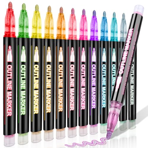 DUULEMANG 12 Colors Outline Shimmer Markers Double Line Glitter Markers Pens for Christmas Greeting Cards Outline Glitter Pens Art Supplies for Coloring Metallic Marker Pen for Scrapbook Art Crafts