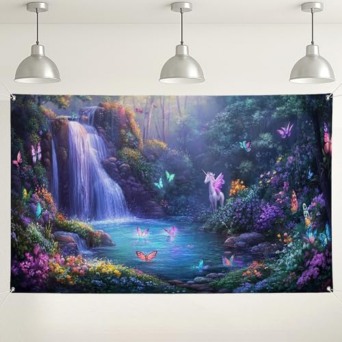 Fondo mágico de cascada de hada, fondo colorido de escena de fantasía de mariposa para decoración de fiesta de cumpleaños de niños, suministros de cabina de fotos de jardín encantado, 71 x 43 pulgadas